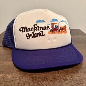 Vintage Mackinac Island Souvenir Trucker Hat Blue White‎ Novelty Tourist Cap